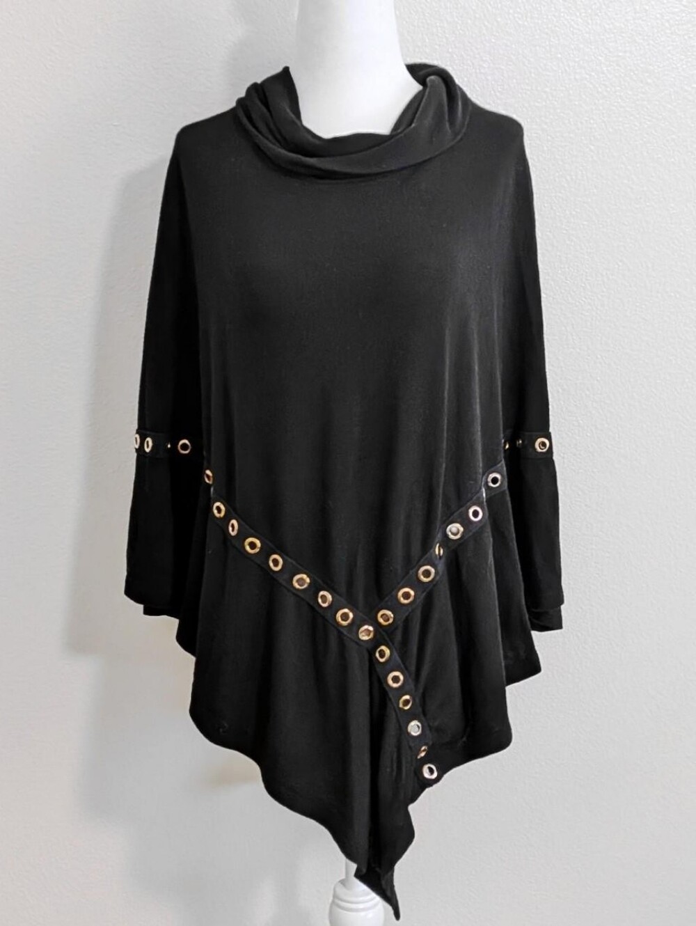 Vintage Black Asymmetrical Cowl Neck Poncho with Gold Eyelet Detail | Size OS